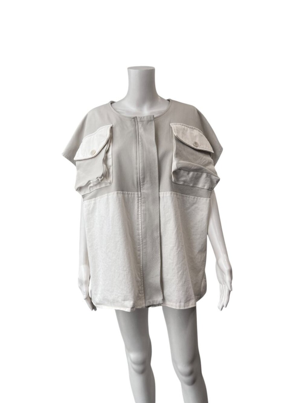 Ann Everett Ivory Oversized Leather Denim Zip Vest Jacket one size